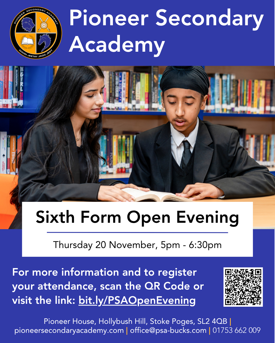 Pioneer Secondary Academy invites you and your family to our Sixth Form Open Evening on Thursday 20 November 2025, for pupils and families looking for a place in September 2026. Please click here to book your place.
